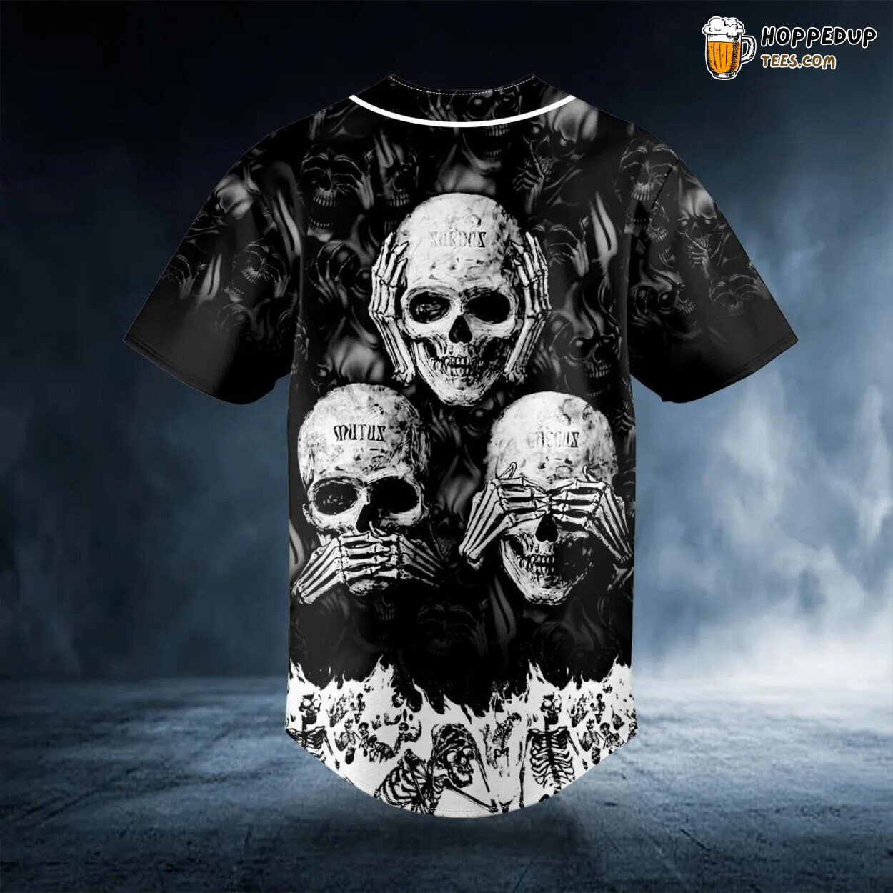 Gray Fire Skull See Hear Speak No Evil Baseball Jersey Skull Viking 3D Print Tees