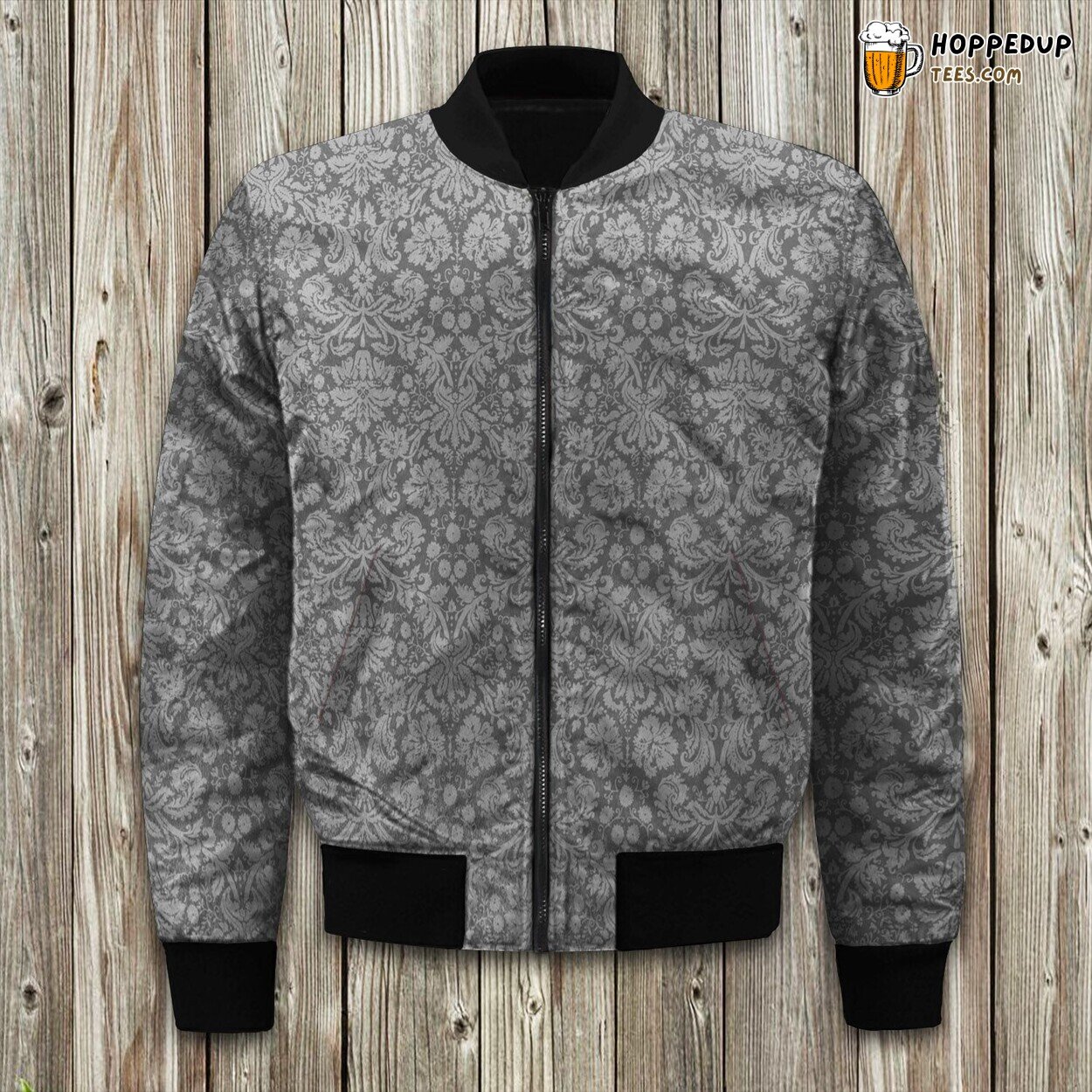 Gray Floral Pattern Bomber Jacket