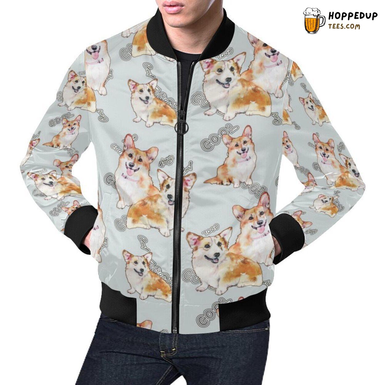 Gray Pastel Corgi Theme Pattern Print Men’s Bomber Jacket Distinct Look Gray Pastel Corgi Theme Pattern Print Men’s Bomber Jacket Distinct Look