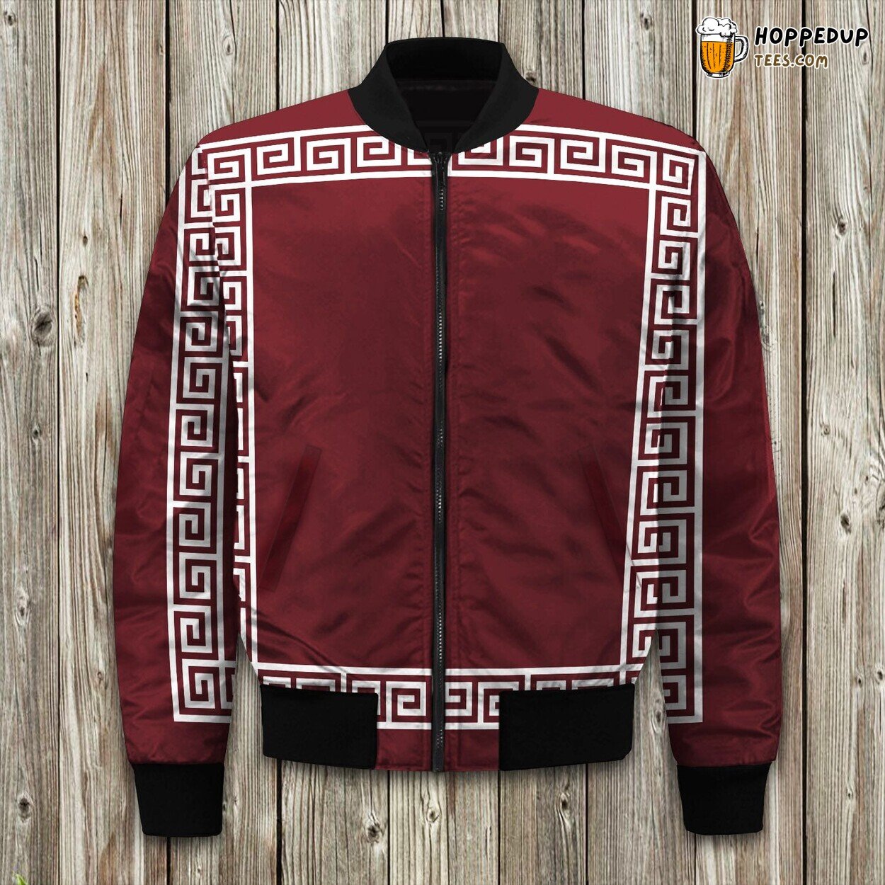 Greek Key Red Pattern Winter Bomber Jacket Classic Elegance
