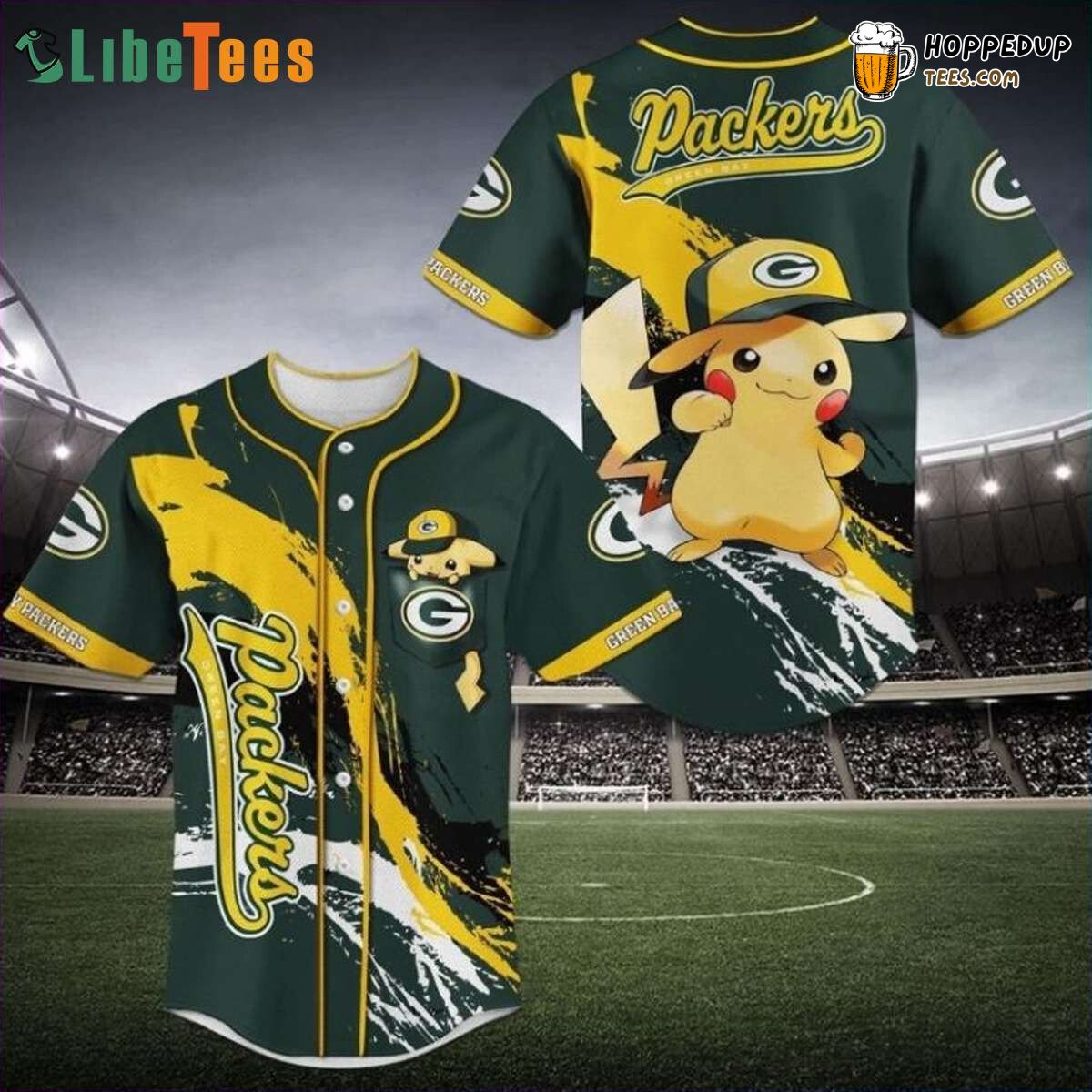 Green Bay Packers Baseball Jersey with Pikachu Perfect Gift Fan Apparel