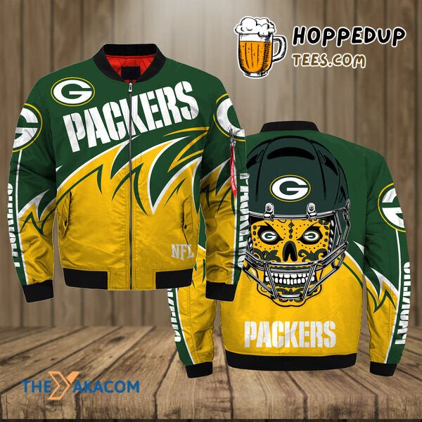 Green Bay Packers Rodgers Skull Fan Bomber Jacket Outerwear Christmas Gift.