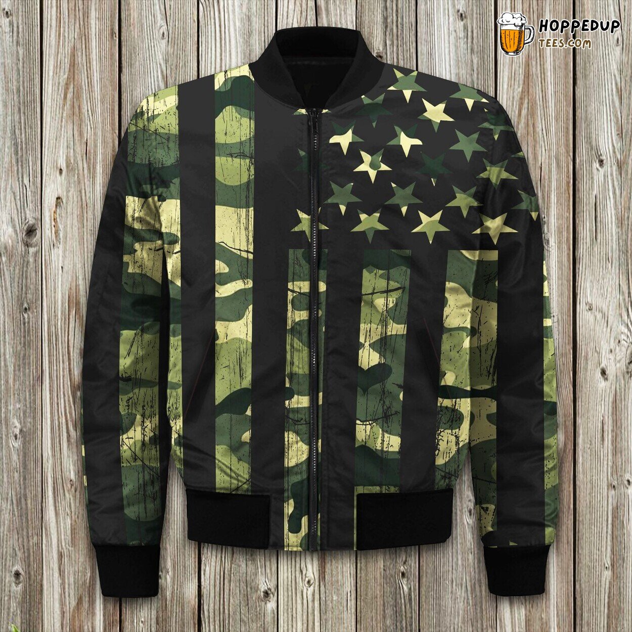 Green Camouflage American Flag Bomber Jacket