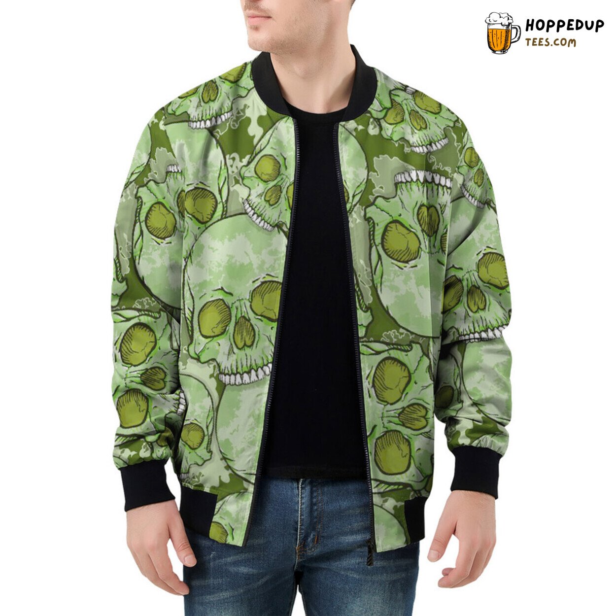Green Camouflage Narrates Tales of Skulls on Men’s Bomber Jacket
