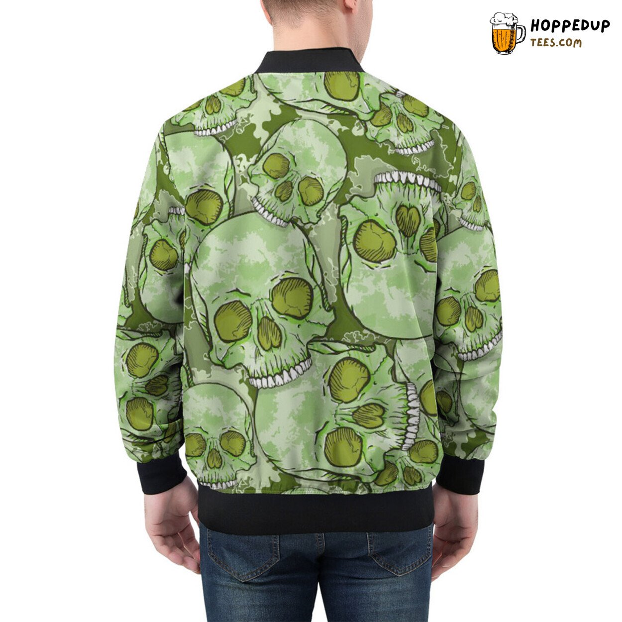 Green Camouflage Narrates Tales of Skulls on Men’s Bomber Jacket