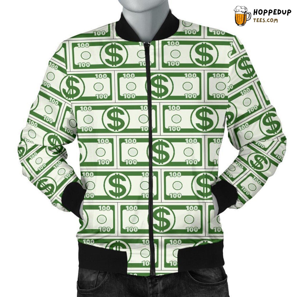 Green Dollar Bills Essence Men’s Bomber Jacket Unique Design Pattern Art