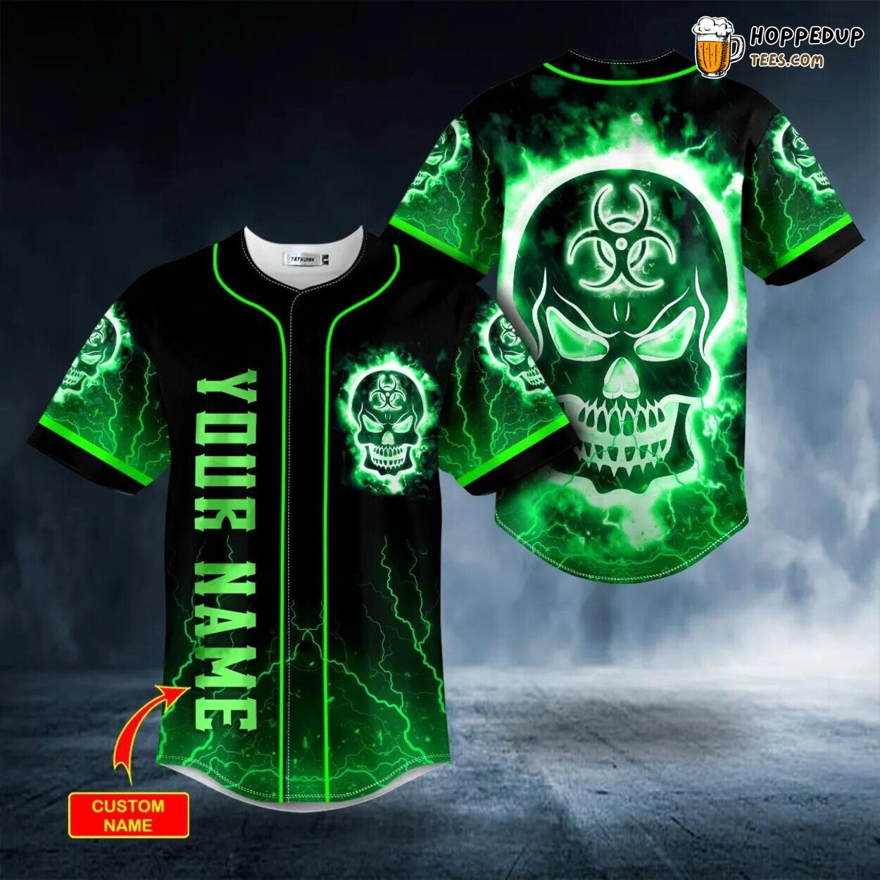 Green Fire Biohazard Design Skull Unique Tailored Baseball Jersey Custom