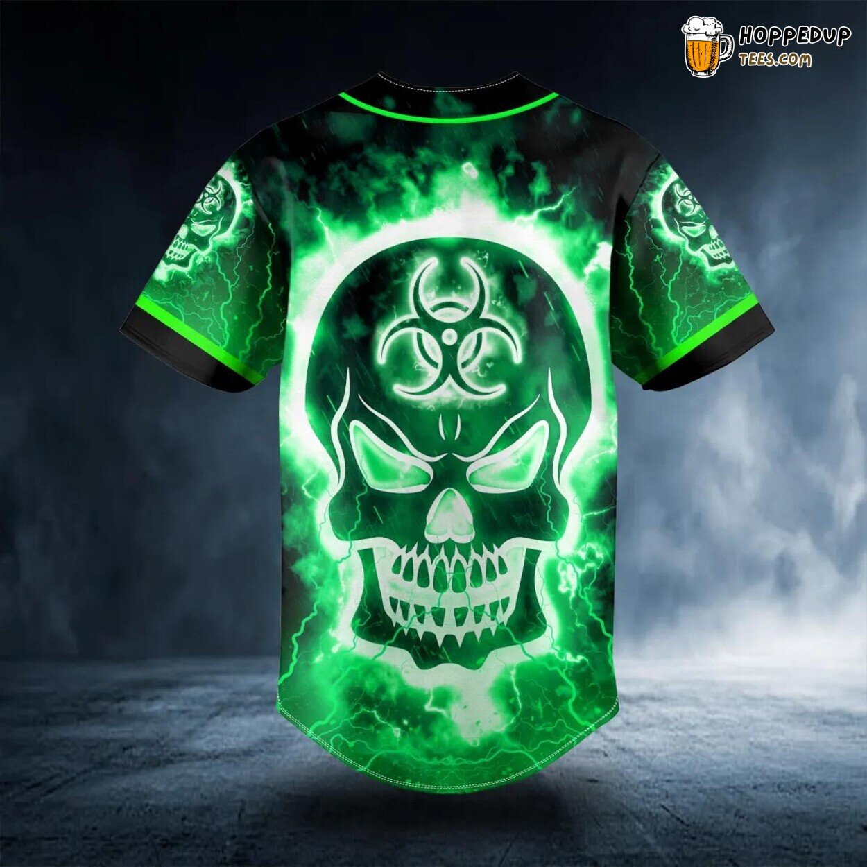 Green Fire Biohazard Skull Baseball Jersey Graphic Tees 3D Print Special Look