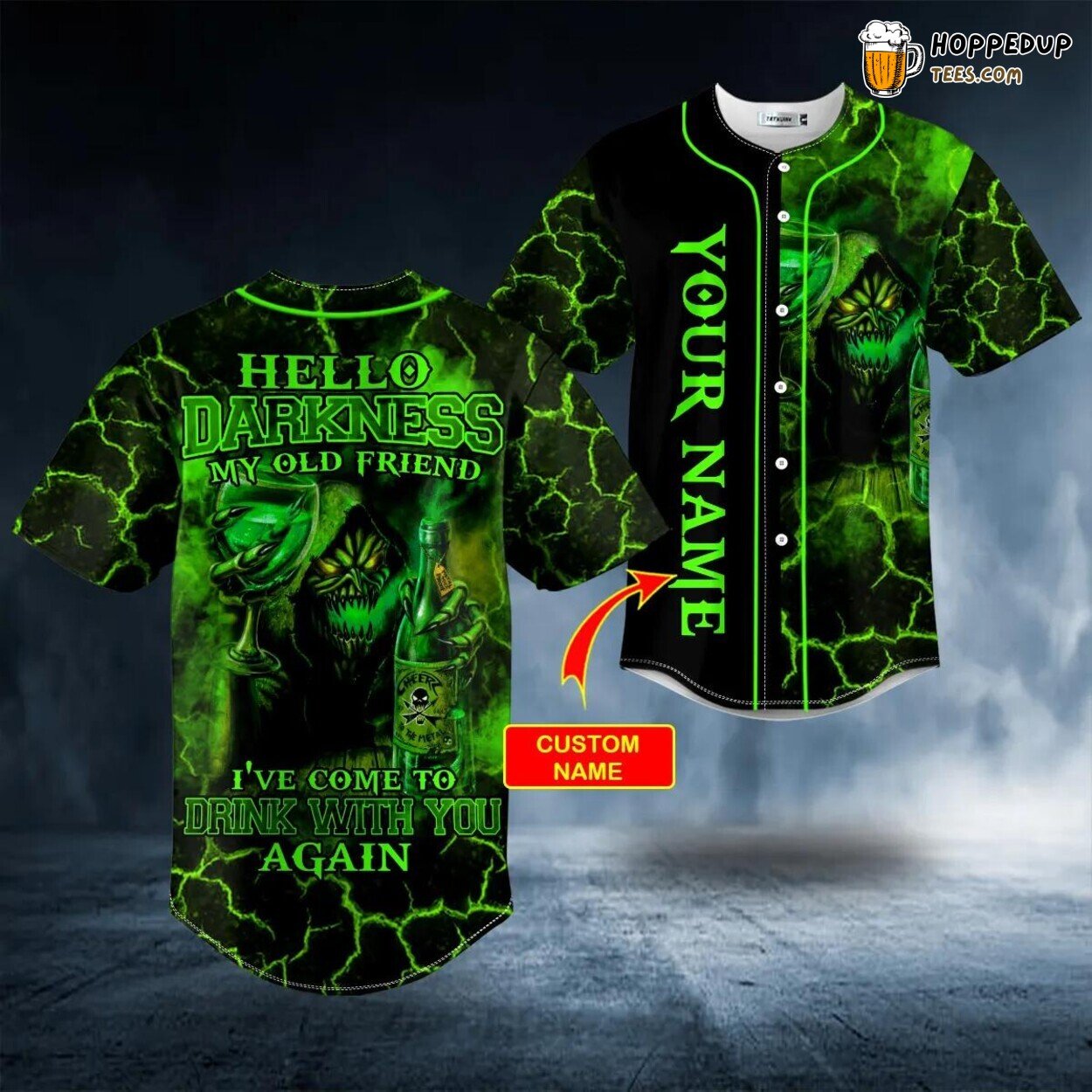 Green Grim Reaper Monster Skull Baseball Jersey Drink Old Friend Design