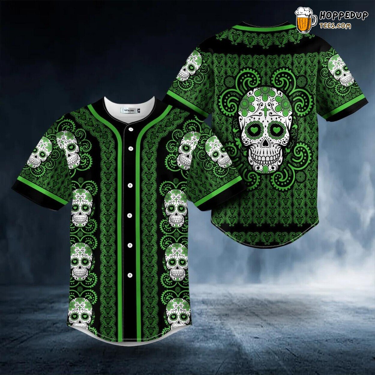 Green Paisley Sugar Skull Pattern Tailored Unique Baseball Jersey Design