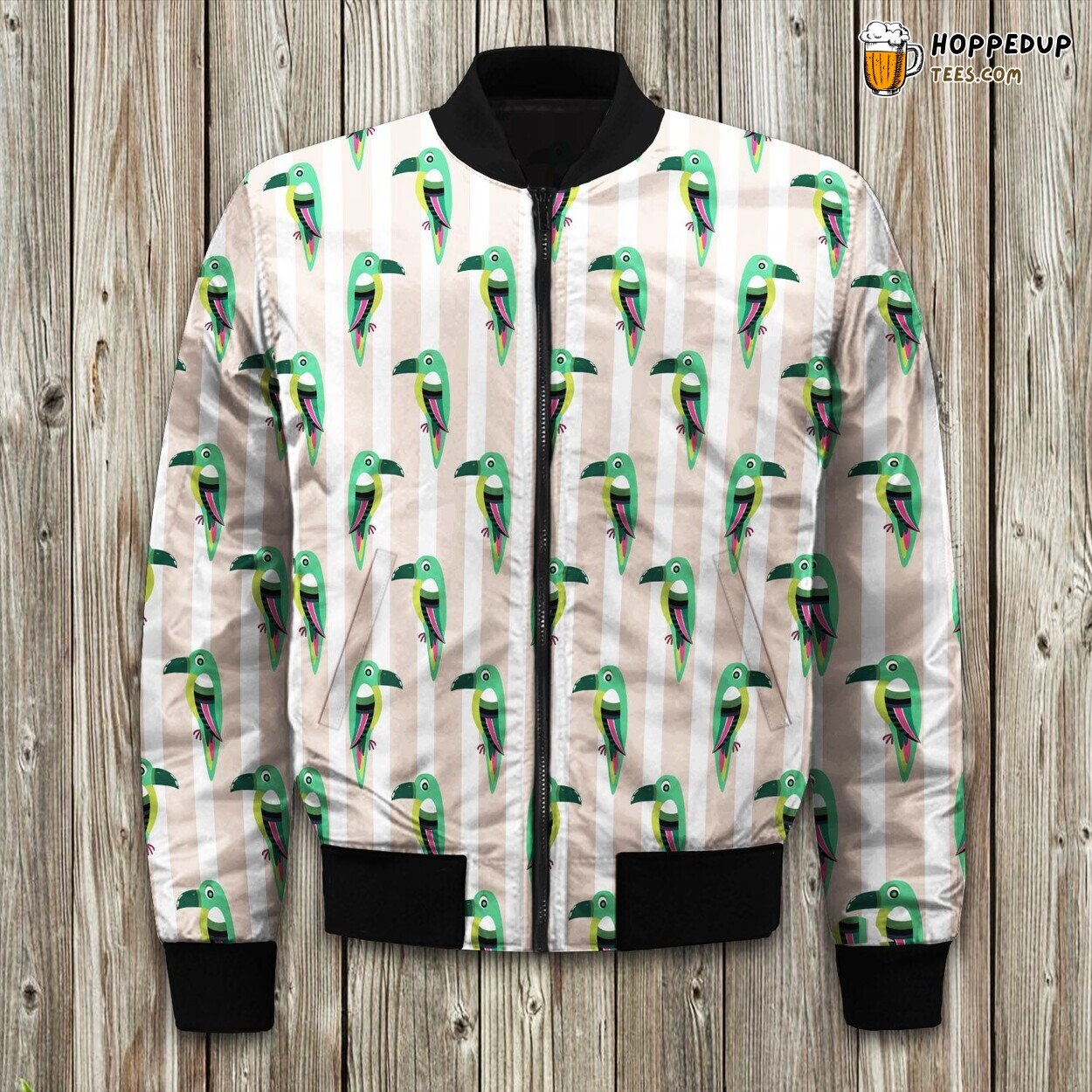 Green Parrot On Pink And White Pastel Stripes Bomber Jacket