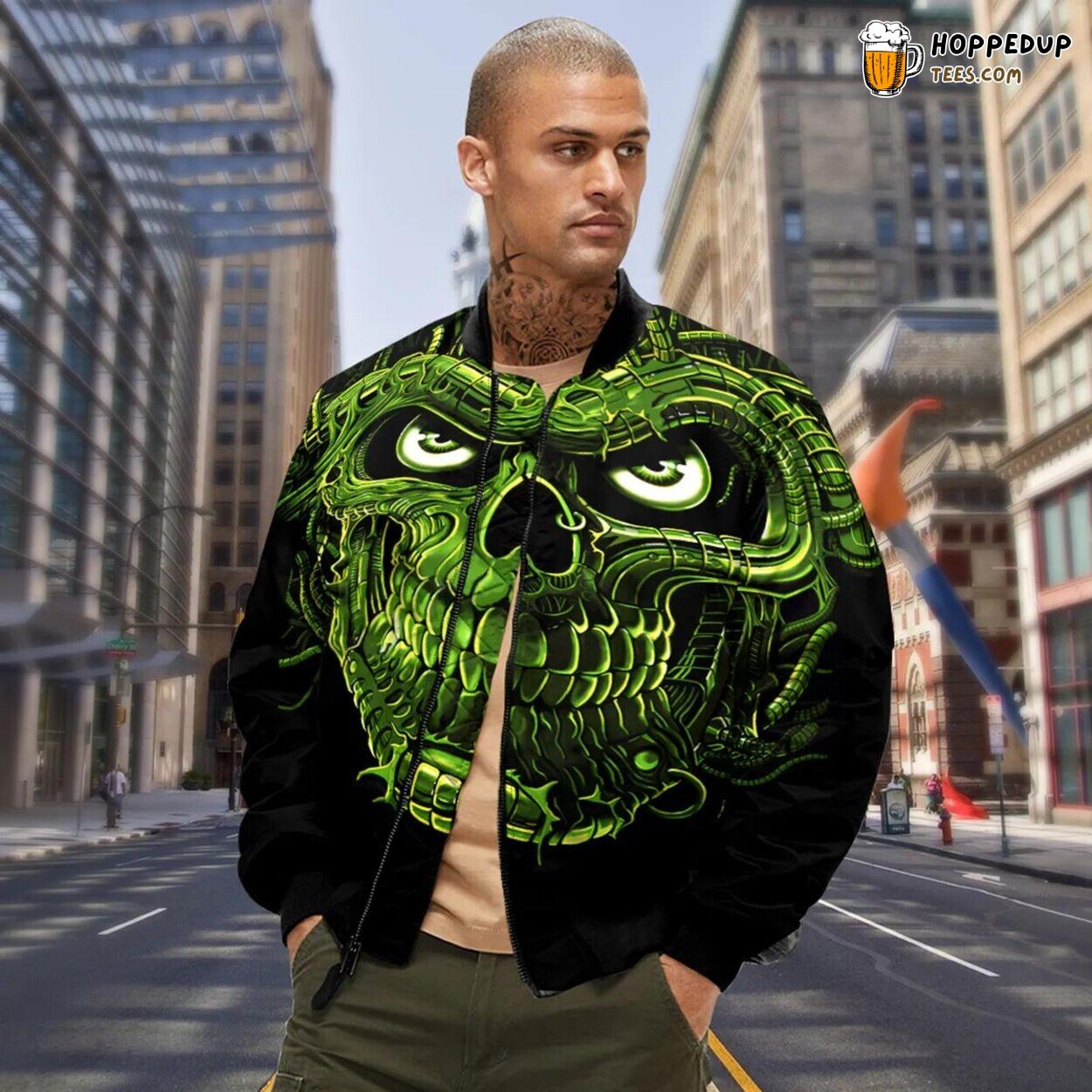 Green Scary Skull Skeleton Unique Bomber Jacket 3D Viking Graphic Clothing