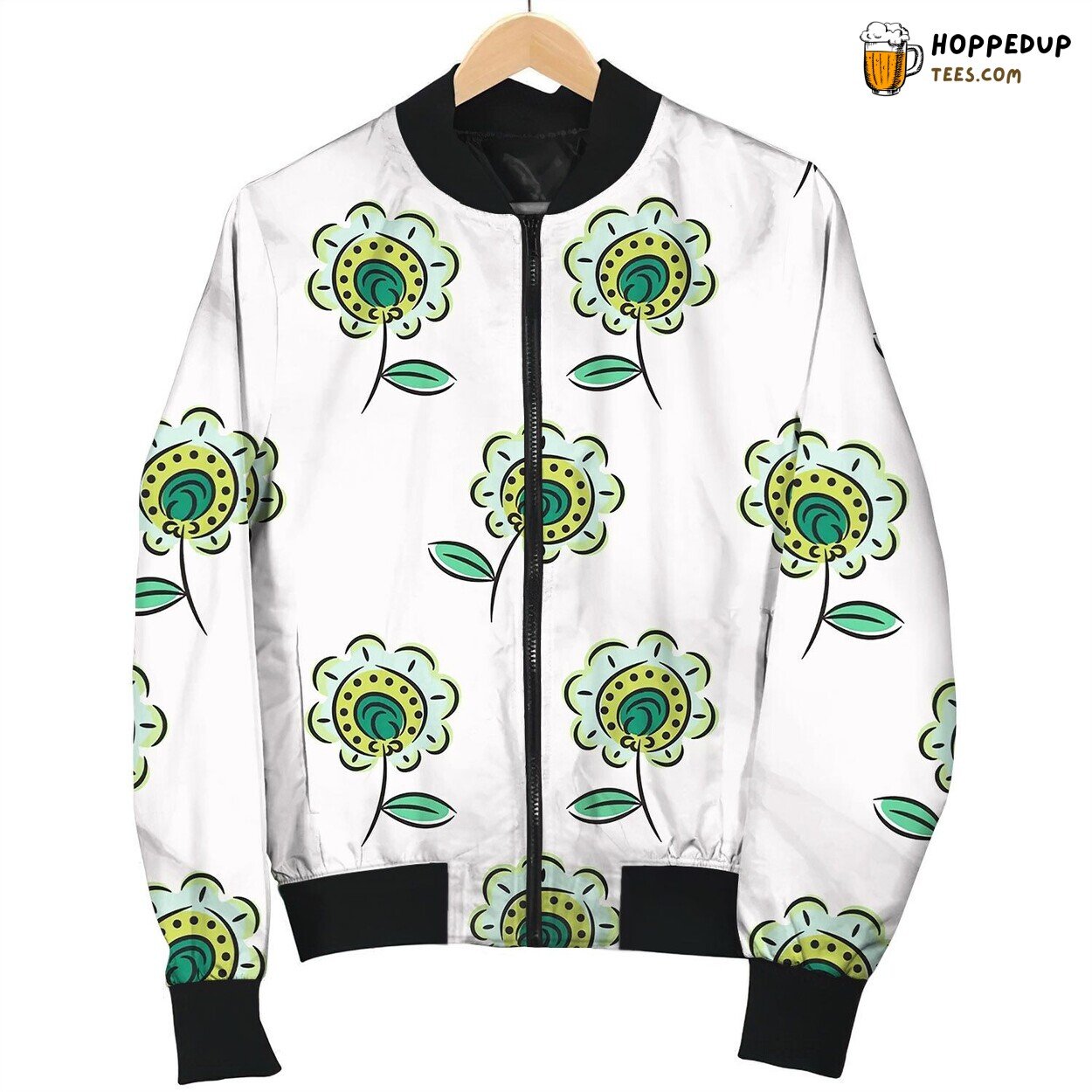 Green Sketched Flowers Seamless Pattern Bomber Jacket
