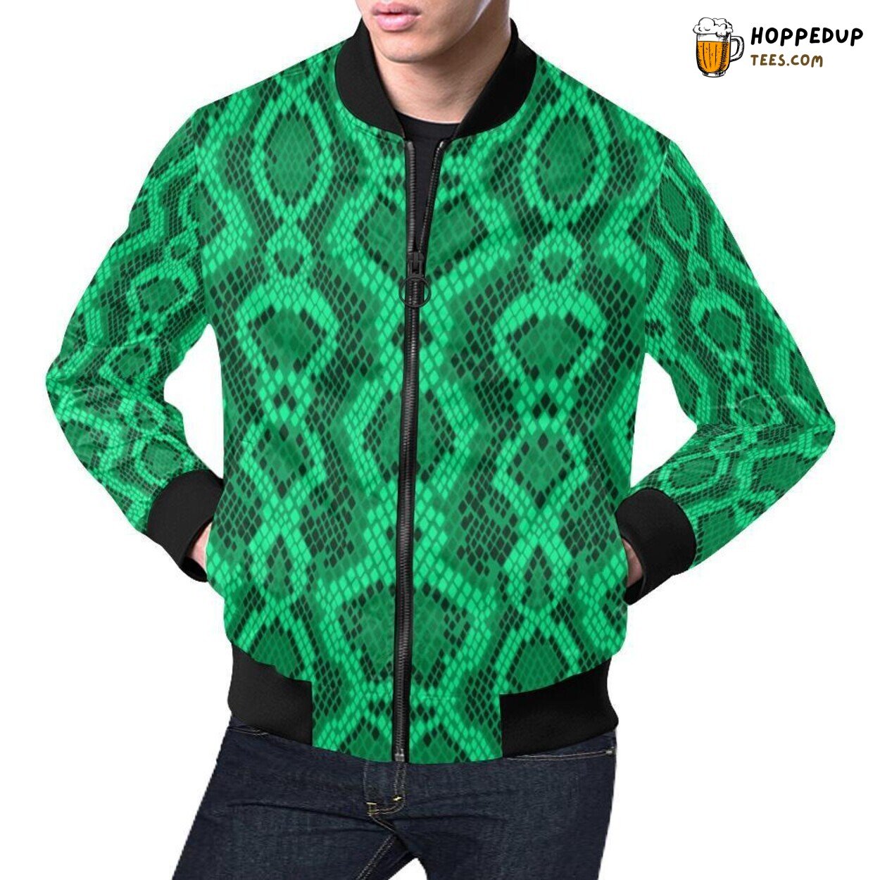 Green Snakeskin Python Design Men’s Bomber Jacket Exotic Reptile Fashion Wear