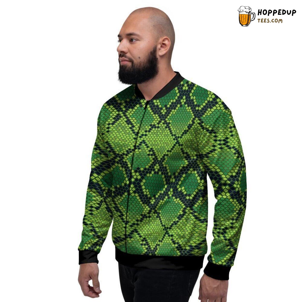 Green Snakeskin Wild Print Men’s Bomber Jacket Exotic Fashion Design Statement