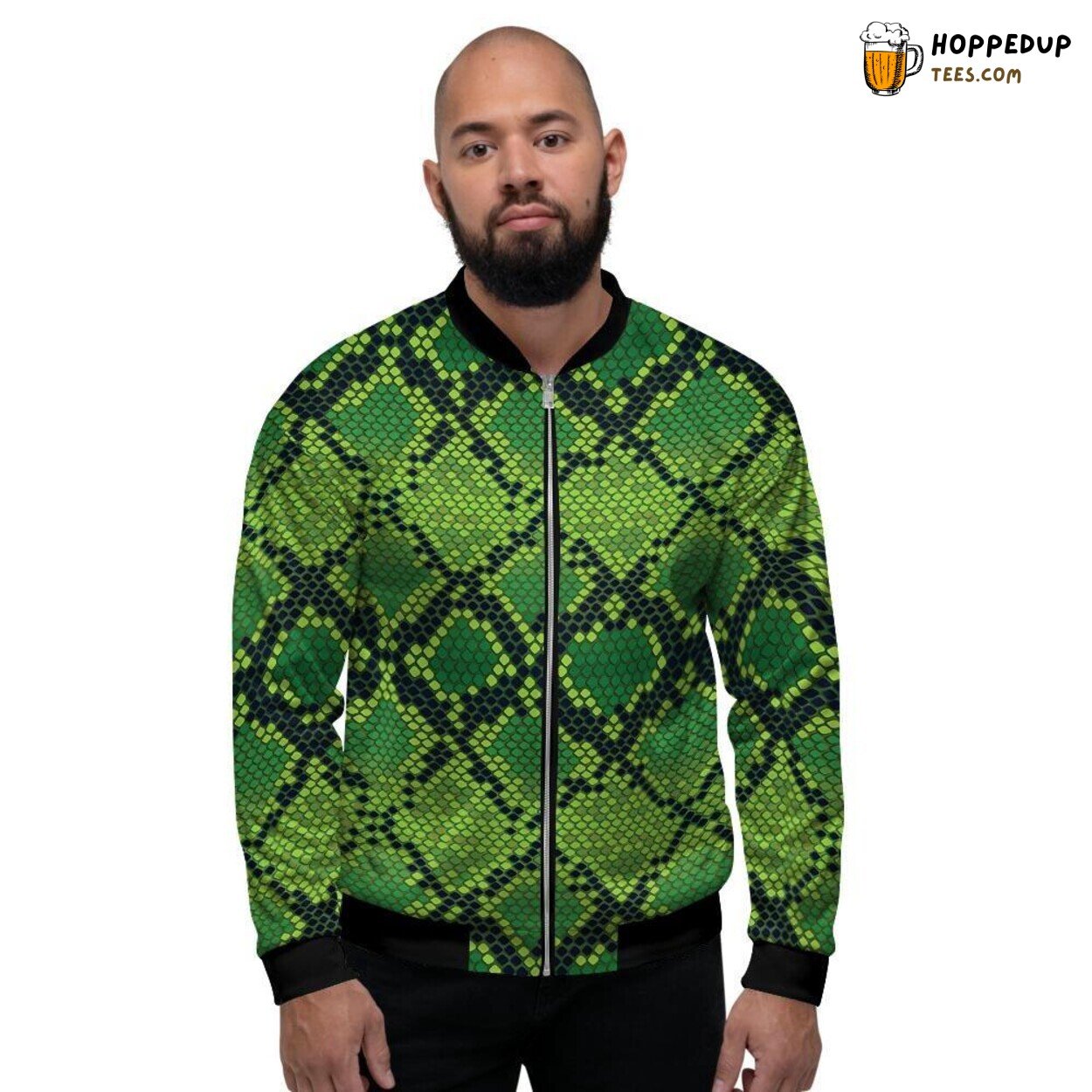 Green Snakeskin Wild Print Men’s Bomber Jacket Exotic Fashion Design Statement