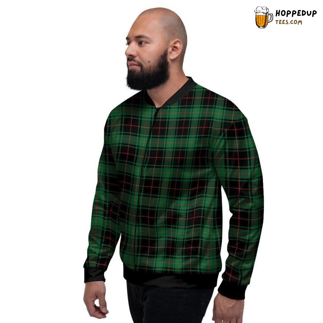 Green Tartan Plaid Black Classic Design Men’s Bomber Jacket Vintage Elegance