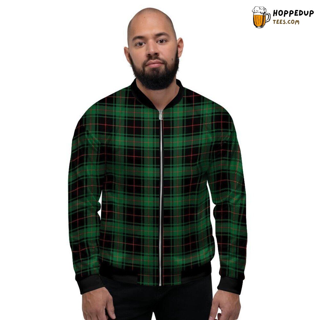 Green Tartan Plaid Black Classic Design Men’s Bomber Jacket Vintage Elegance