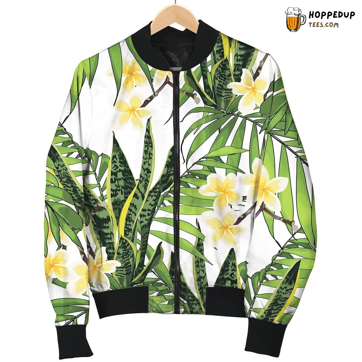 Green Tropical Palms And Pink Protea Flowers Bomber Jacket