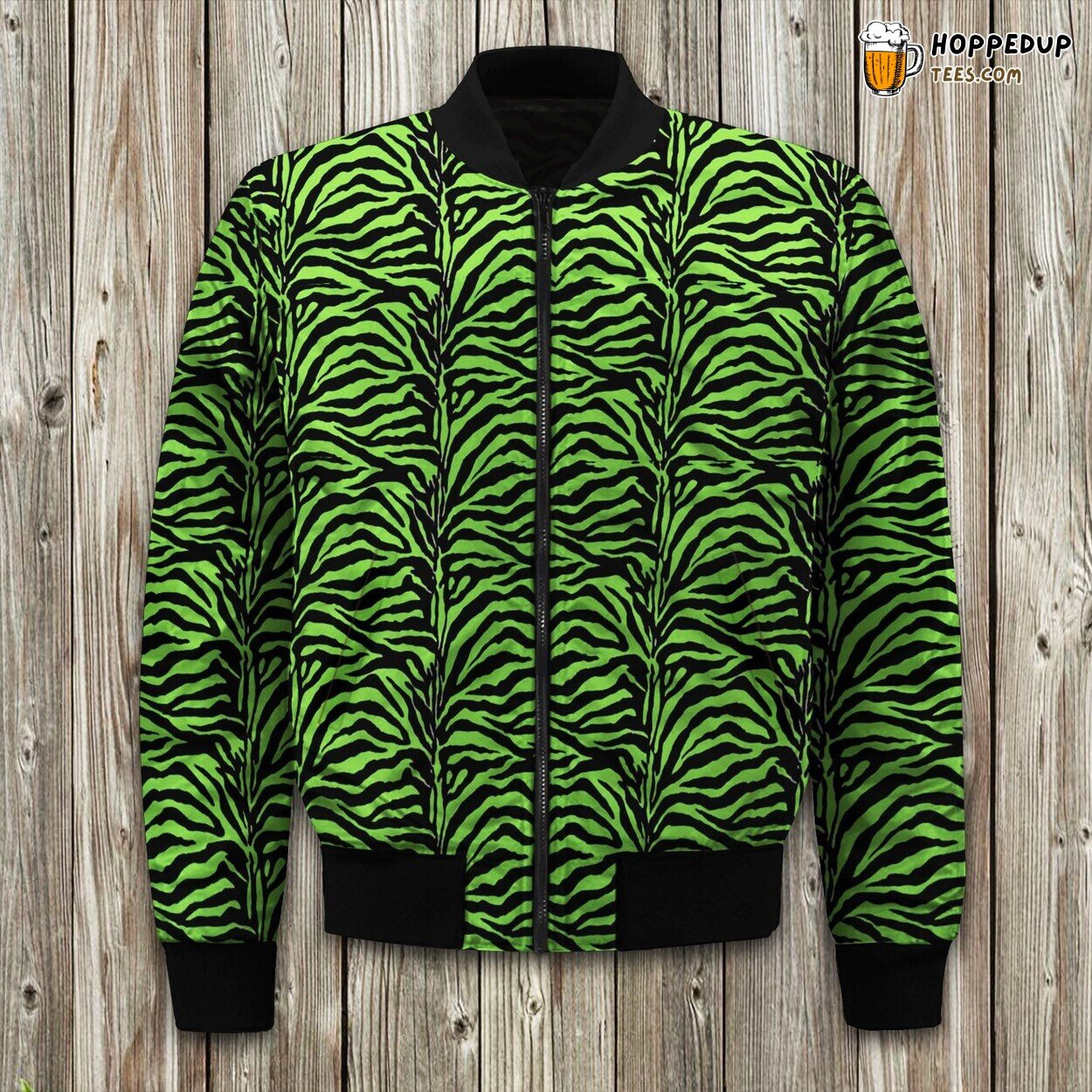 Green Zebra Stripe Bomber Jacket Wild Winter Elegance in Jungle Patterns