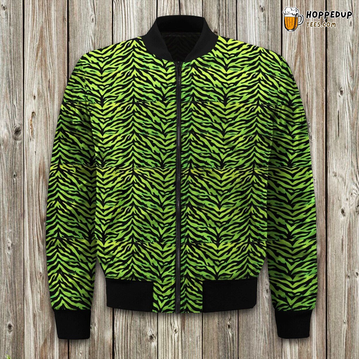 Green Zebra Stripe Winter Bomber Jacket Wild Trendy Elegance