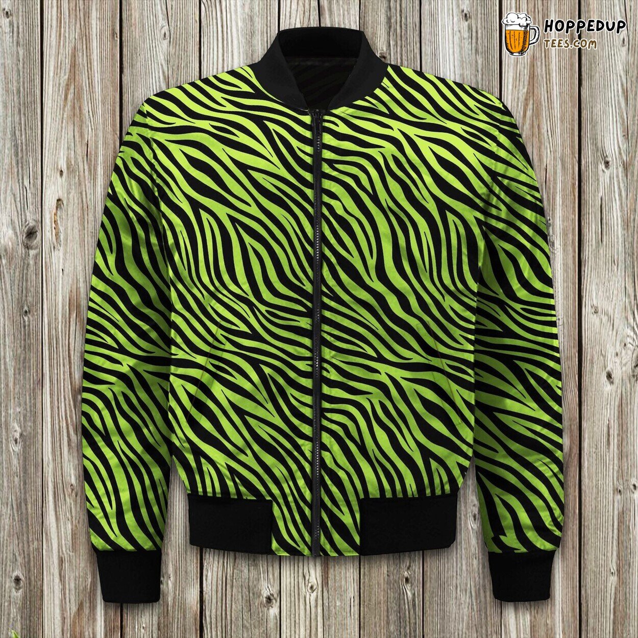 Green Zebra Stripes Bomber Jacket Wild Winter Trends in Jungle Elegance