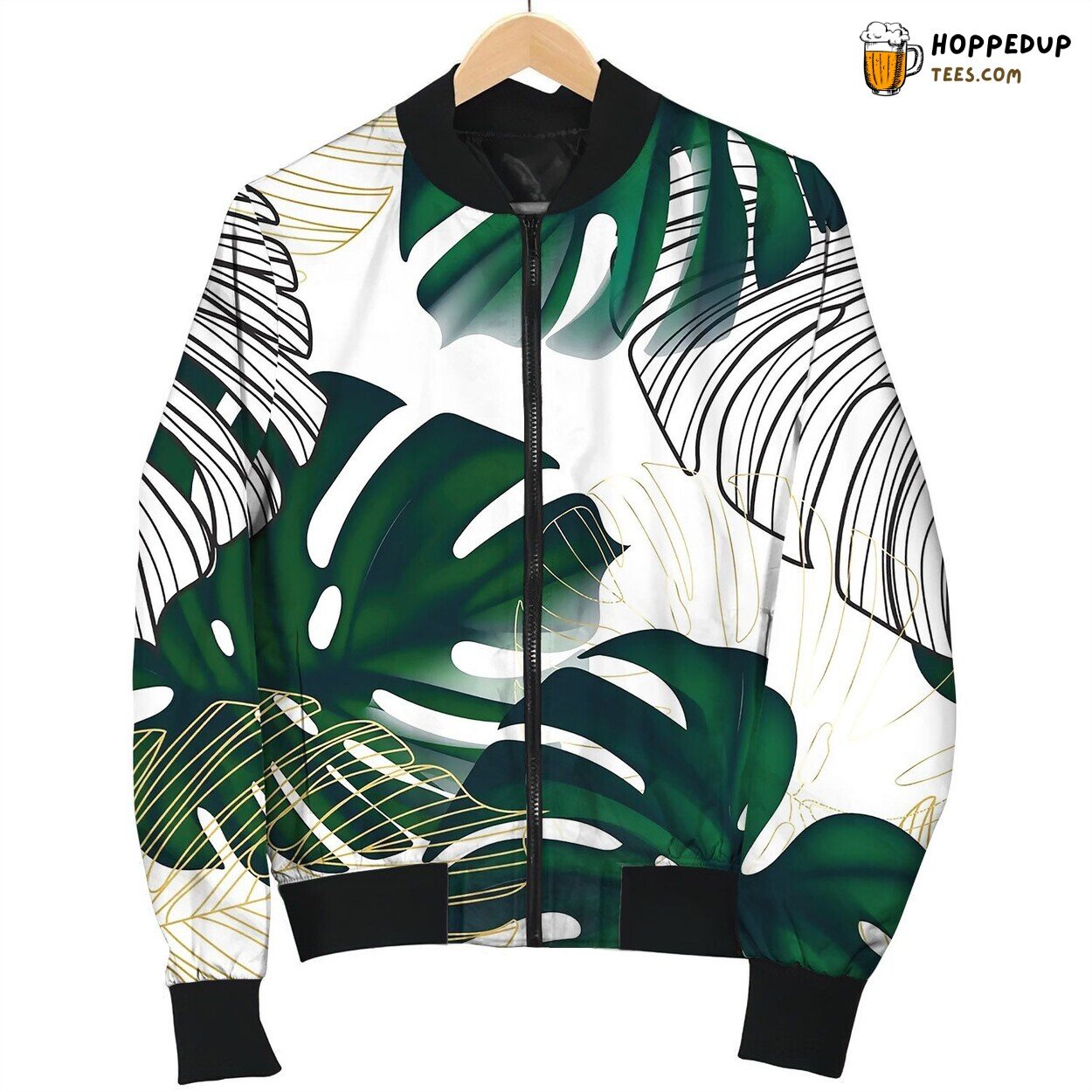 Greenery Monstera Exotic Leaves With Golden Line Bomber Jacket