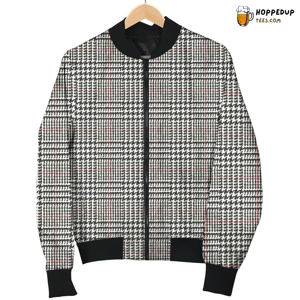Grey Gingham Style Winter Bomber Jacket Neutral Tone Trendy Design
