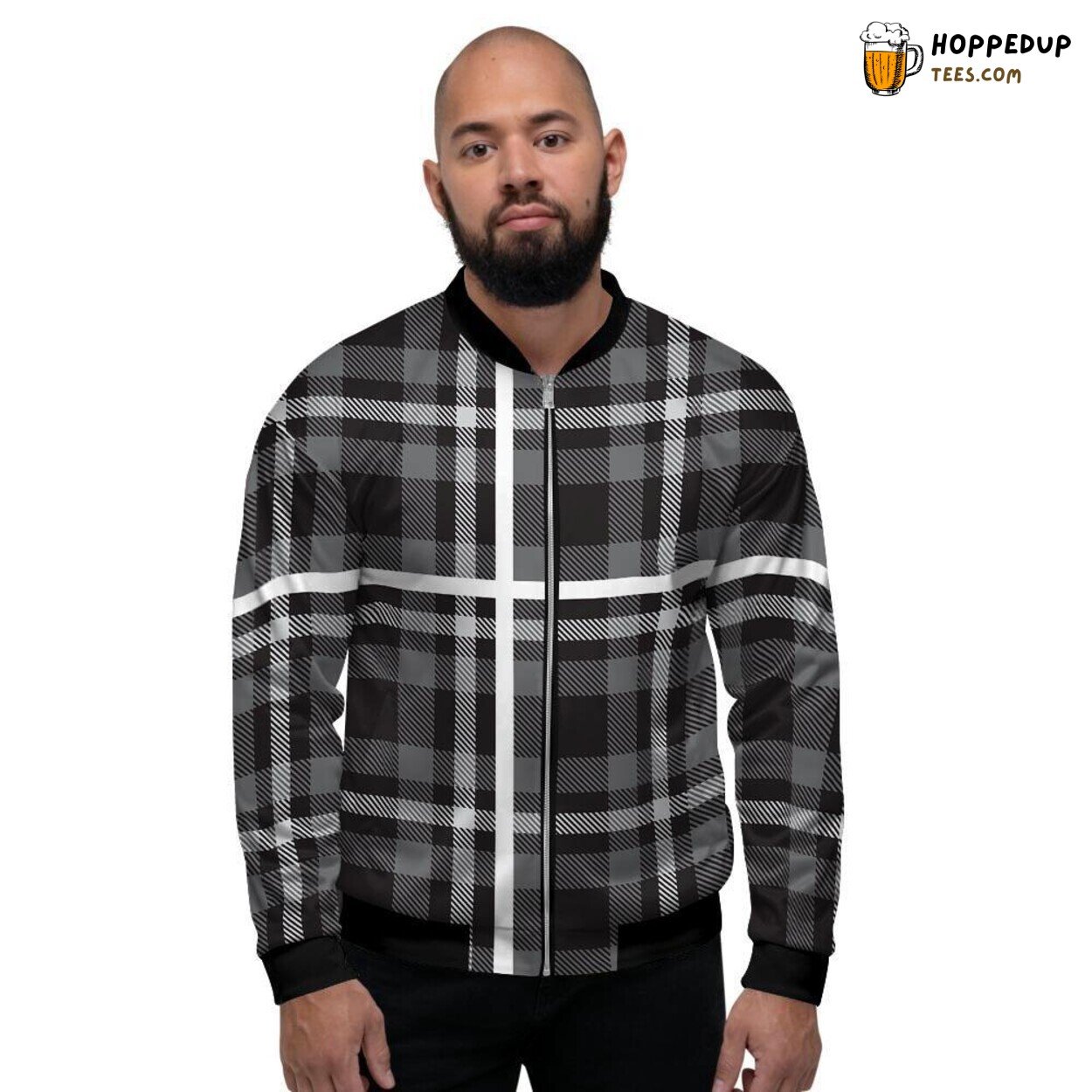 Grey Plaid Tartan Classic Design Men’s Bomber Jacket Timeless Style Statement
