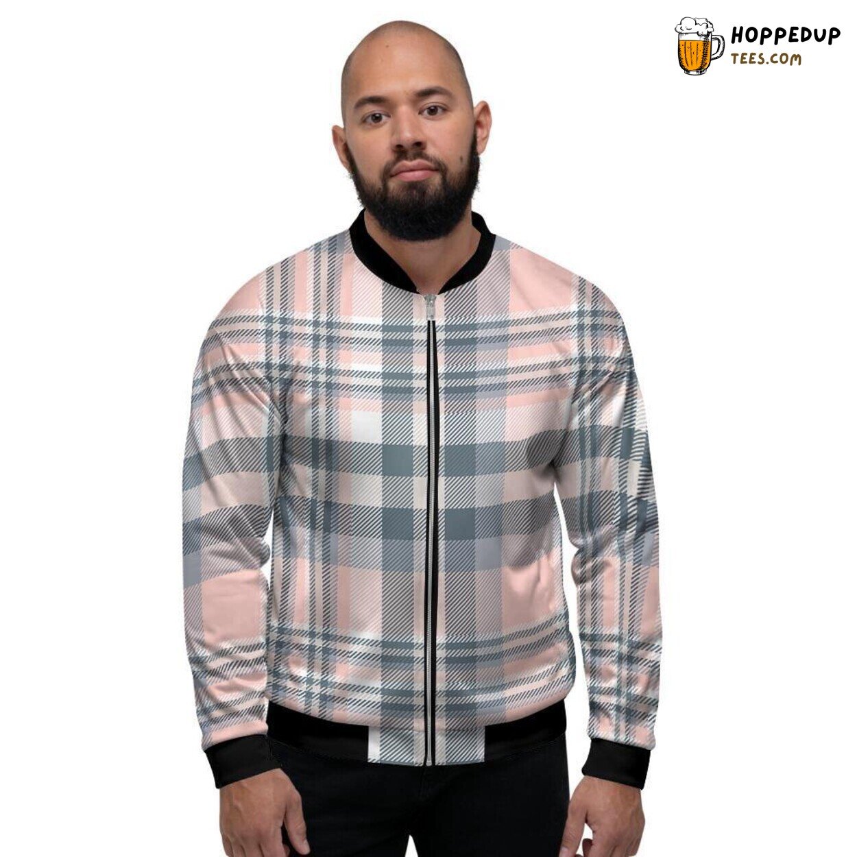 Grey Plaid Tartan Pink Fusion Men’s Bomber Jacket Classic Checkered Design