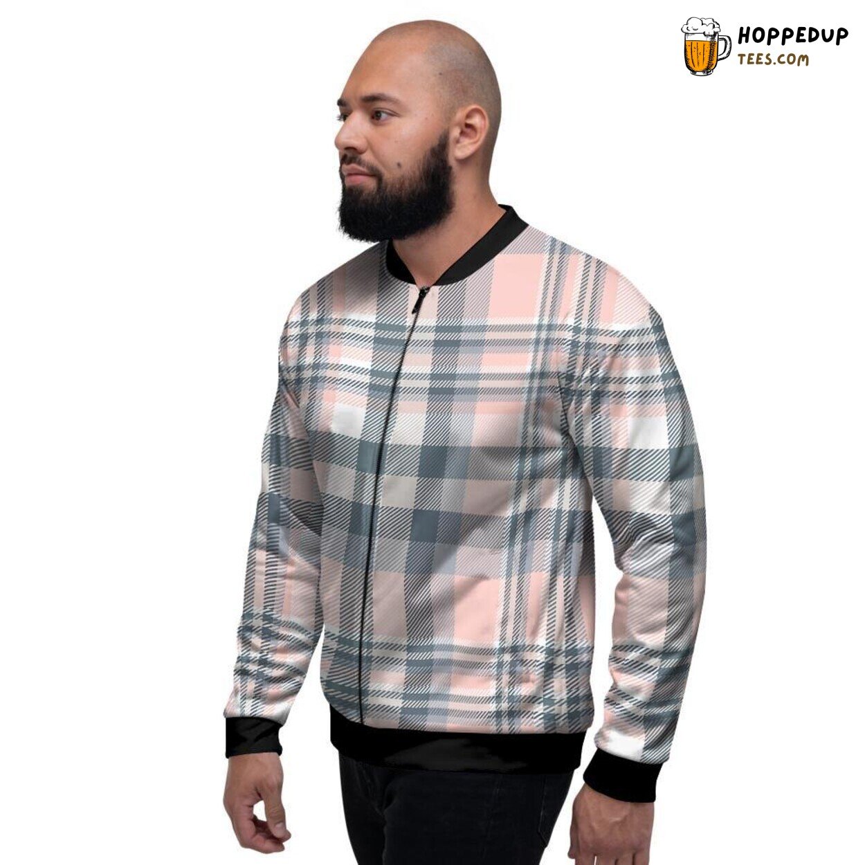 Grey Plaid Tartan Pink Fusion Men’s Bomber Jacket Classic Checkered Design