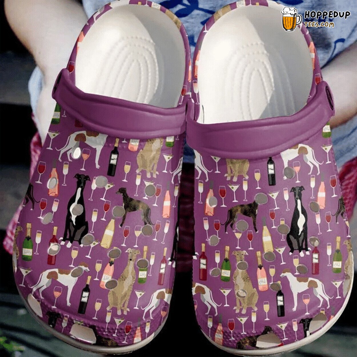 Greyhound And Wine Themed Clog Shoes Unique Pet Lovers Comfortable Footwear
