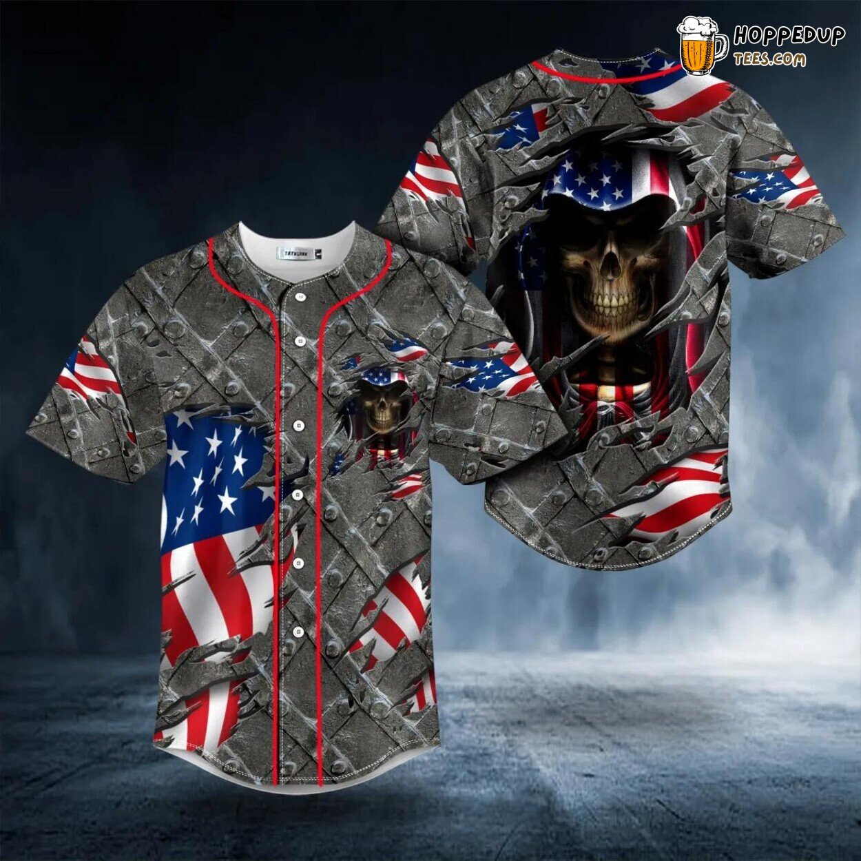 Grim Reaper American Flag Patriotic Skull Unique Design Baseball Jersey