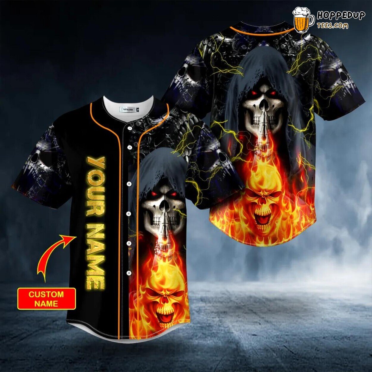 Grim Reaper Flaming Hell Lightning Skull Praying Baseball Jersey Design