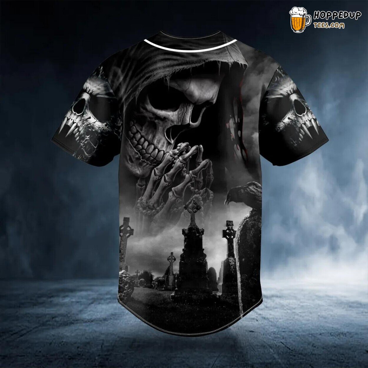 Grim Reaper Graveyard Praying Skull Baseball Jersey Graphic Tees 3D Print