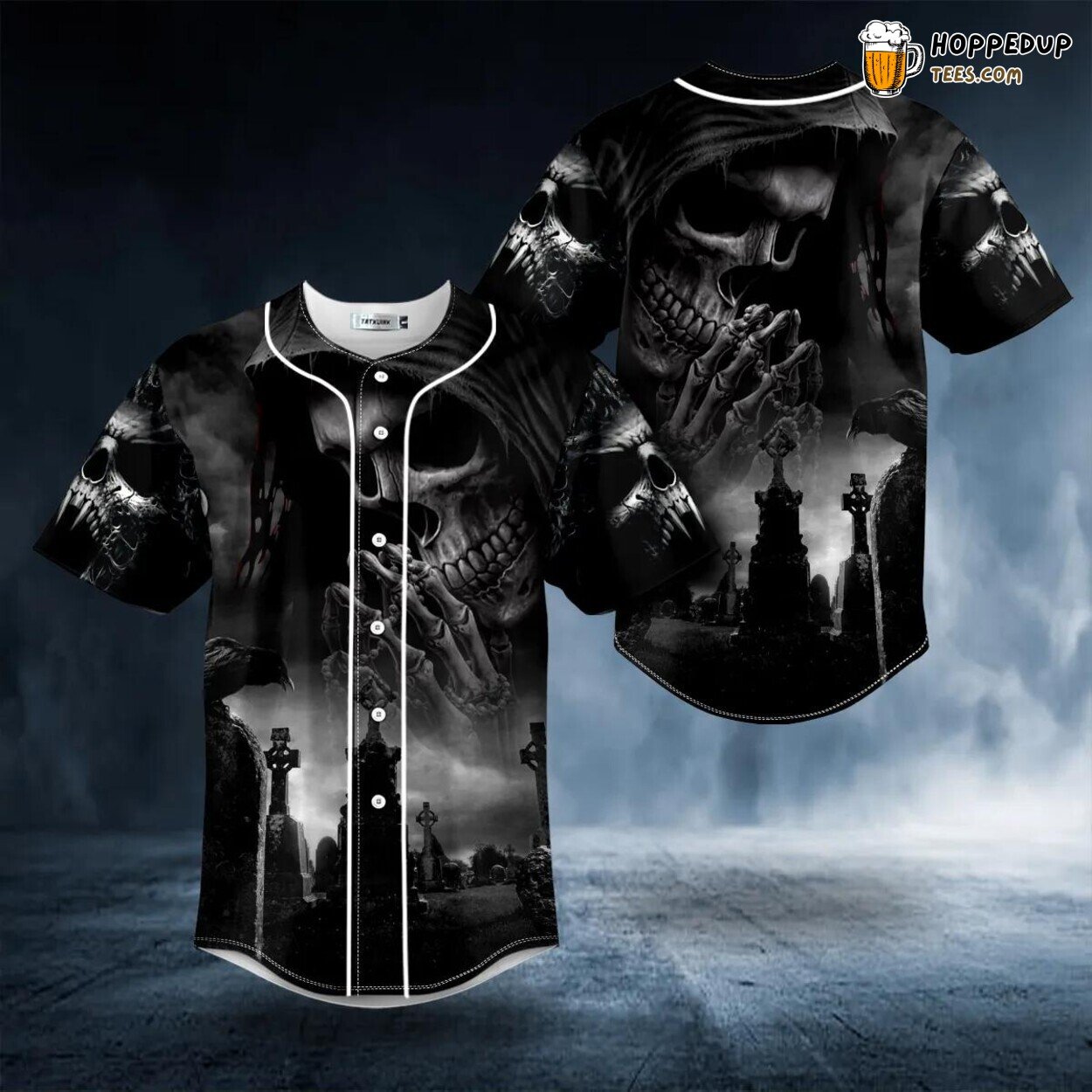 Grim Reaper Graveyard Praying Skull Baseball Jersey Graphic Tees 3D Print