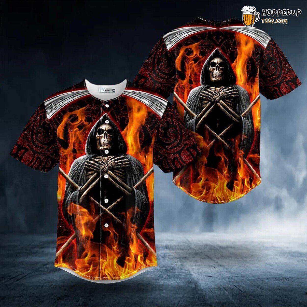 Grim Reaper Skull Baseball Jersey Death Note Fire Authentic Design