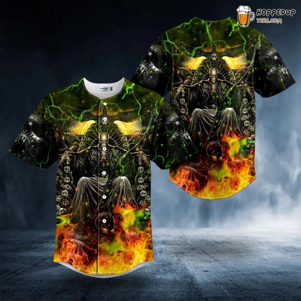 Grim Reaper Zombie Fire Lightning Skull Throne Baseball Jersey Design
