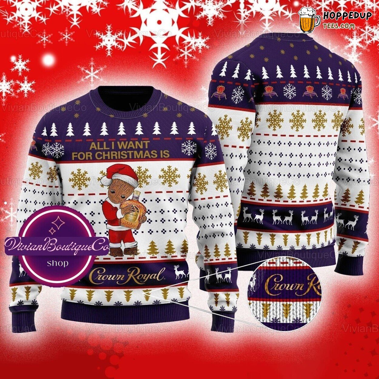 Groot Inspired Crown Royal Whiskey Christmas Ugly Sweater Festive Gift