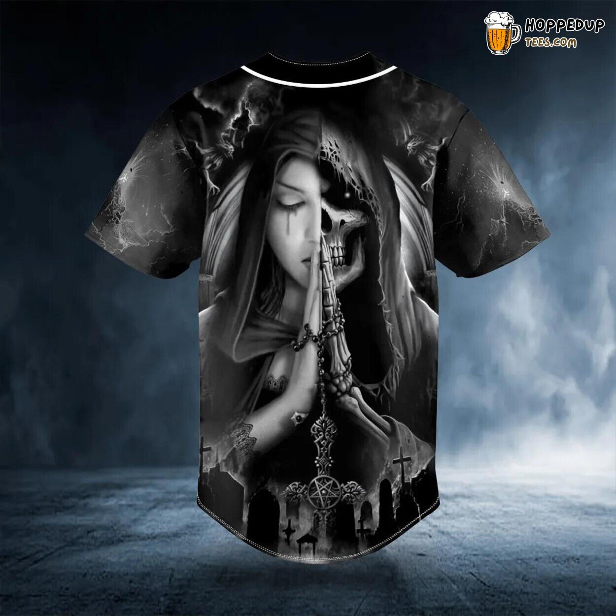 Half Grim Reaper Prayer Skull Baseball Jersey Graphic Tees 3D Print Edition