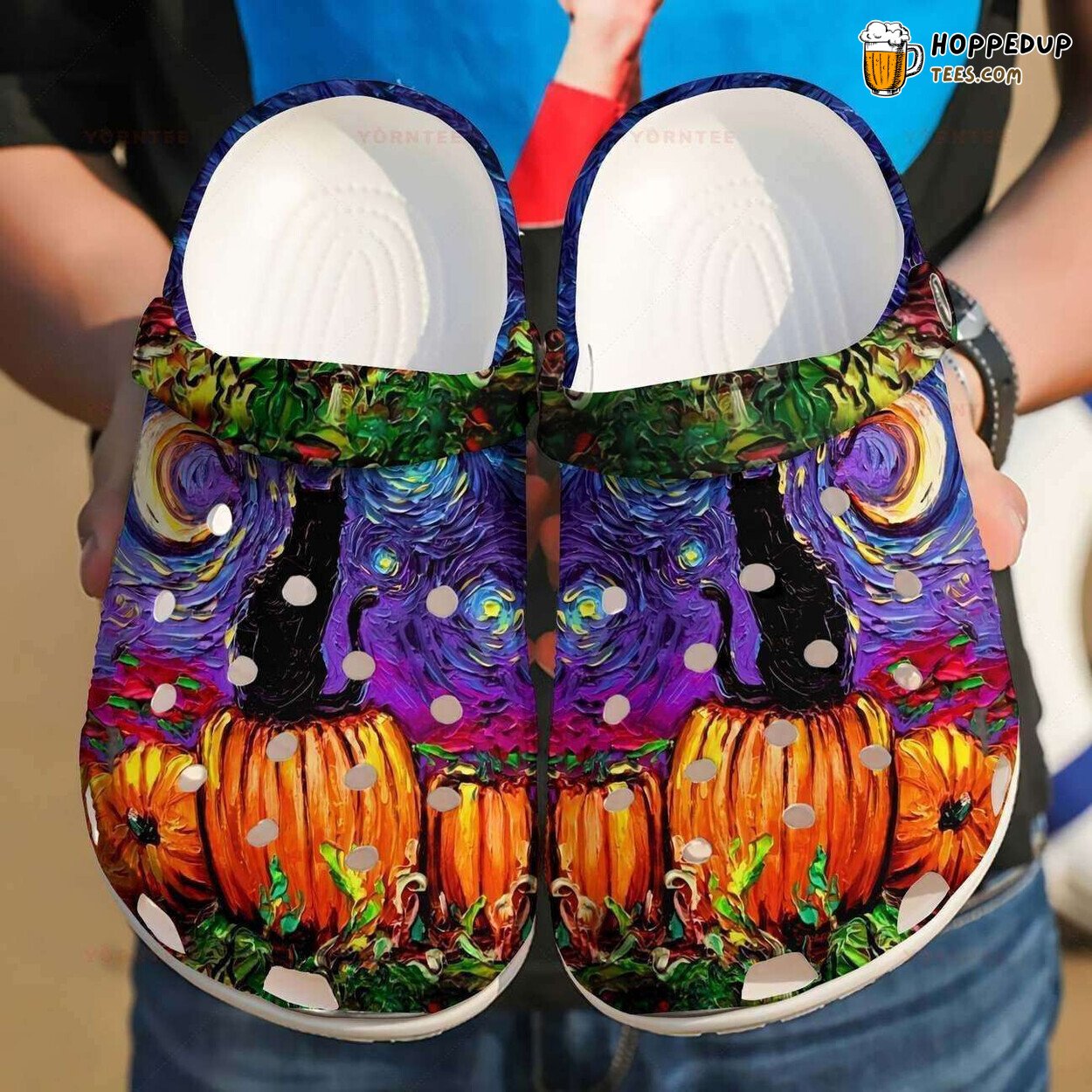 Halloween Black Cat Van Gogh Inspired Themed Clogs Unique Artistic Design