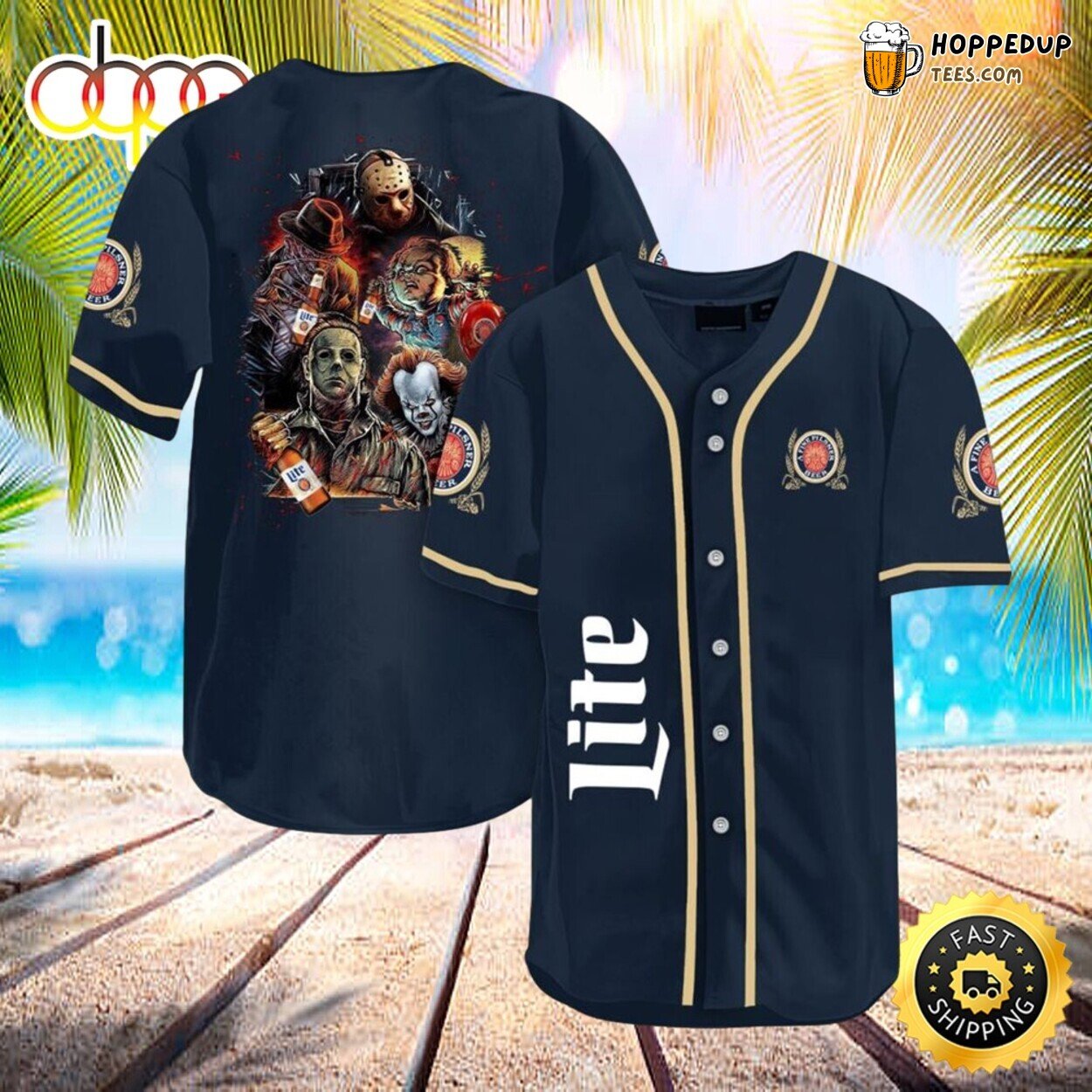 Halloween Horror Characters Miller Lite Themed Baseball Jersey Shirt