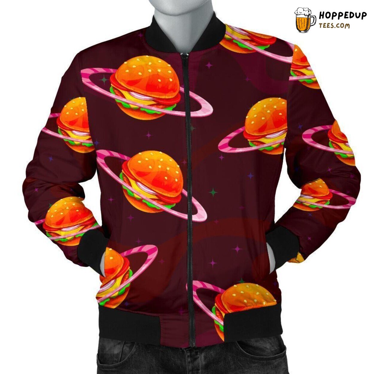 Hamburger in Cosmic Setting Men’s Bomber Jacket Unique Pattern Display Art