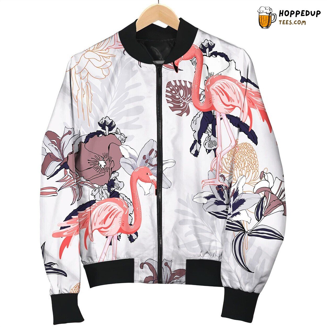 Hand Drawing Seamless Pattern With Pink Flamingo Bomber Jacket