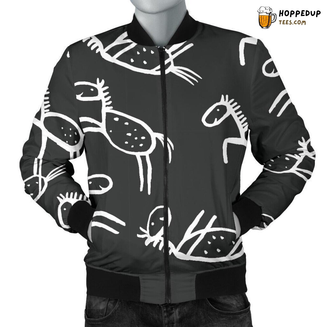 Hand Drawn Equestrian Art Men’s Bomber Jacket Unique Pattern Design Display