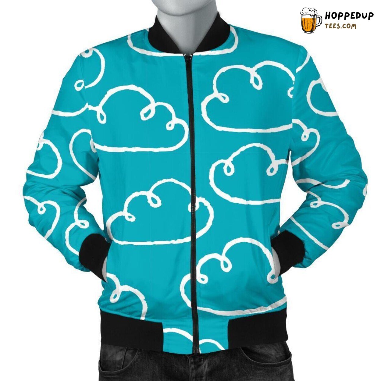 Hand Drawn Floating Clouds Men’s Bomber Jacket Unique Design Pattern Essence