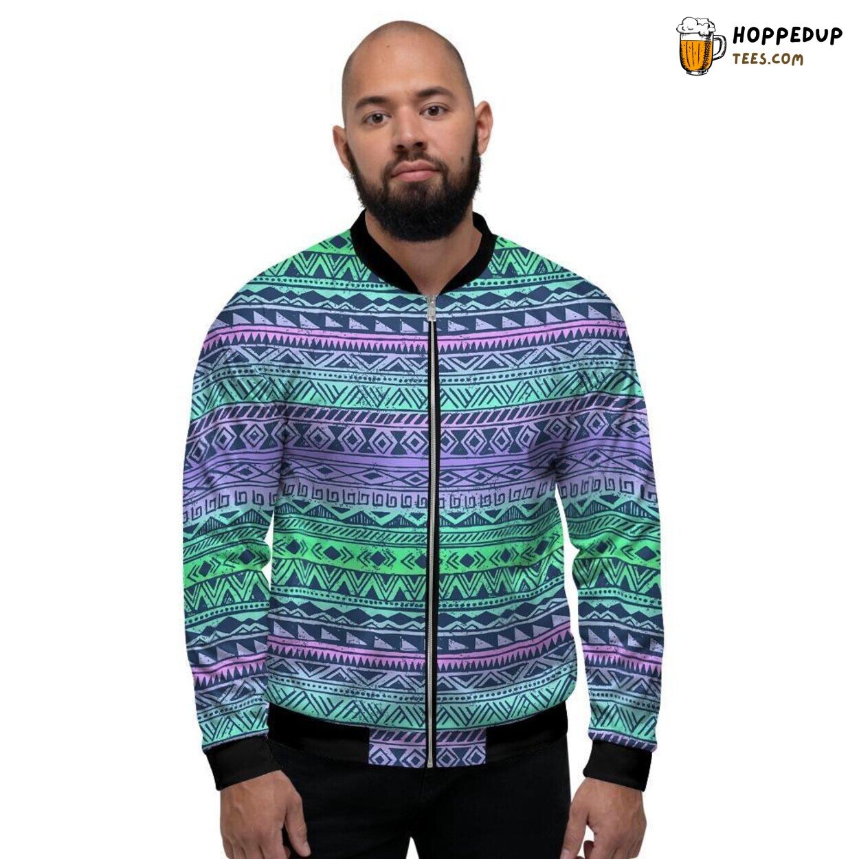 Hand Drawn Neon Tribal Aztec Design Men’s Bomber Jacket Ethnic Pattern Display