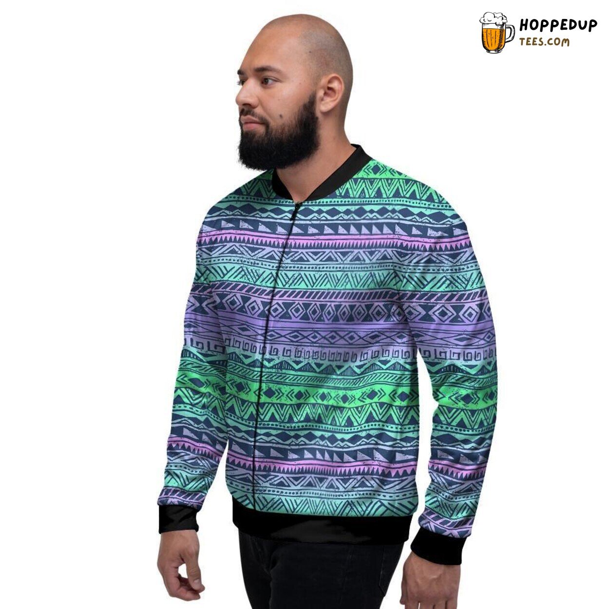 Hand Drawn Neon Tribal Aztec Design Men’s Bomber Jacket Ethnic Pattern Display