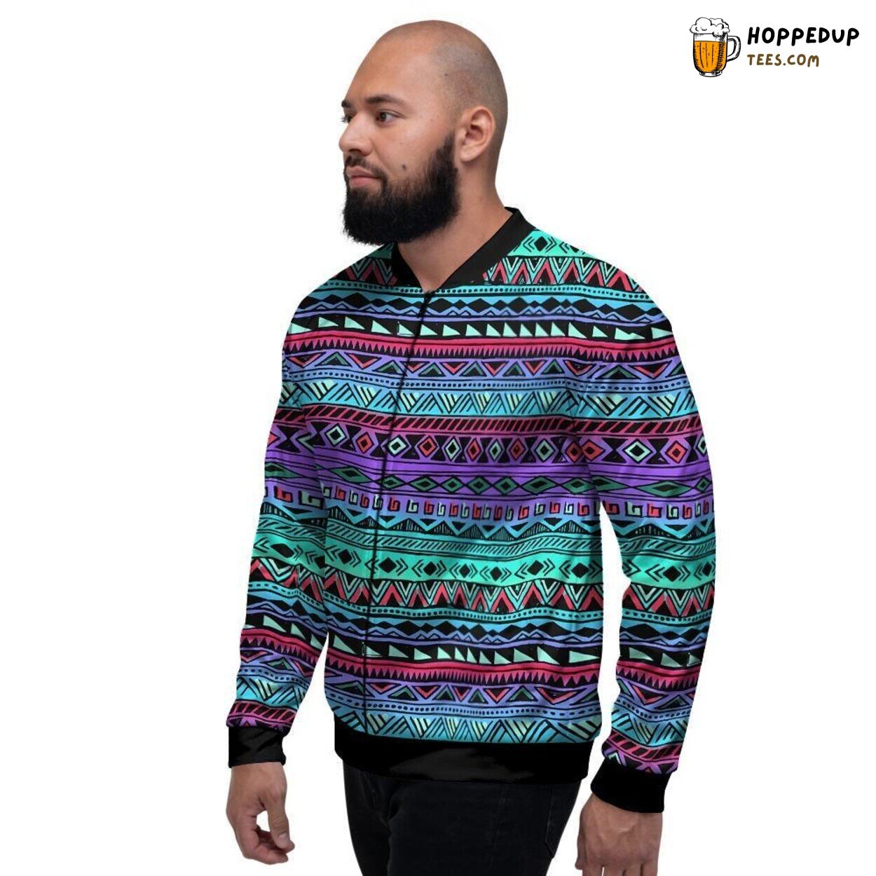 Hand Drawn Neon Tribal Aztec Patterns Men’s Bomber Jacket Artistic Elegance Display