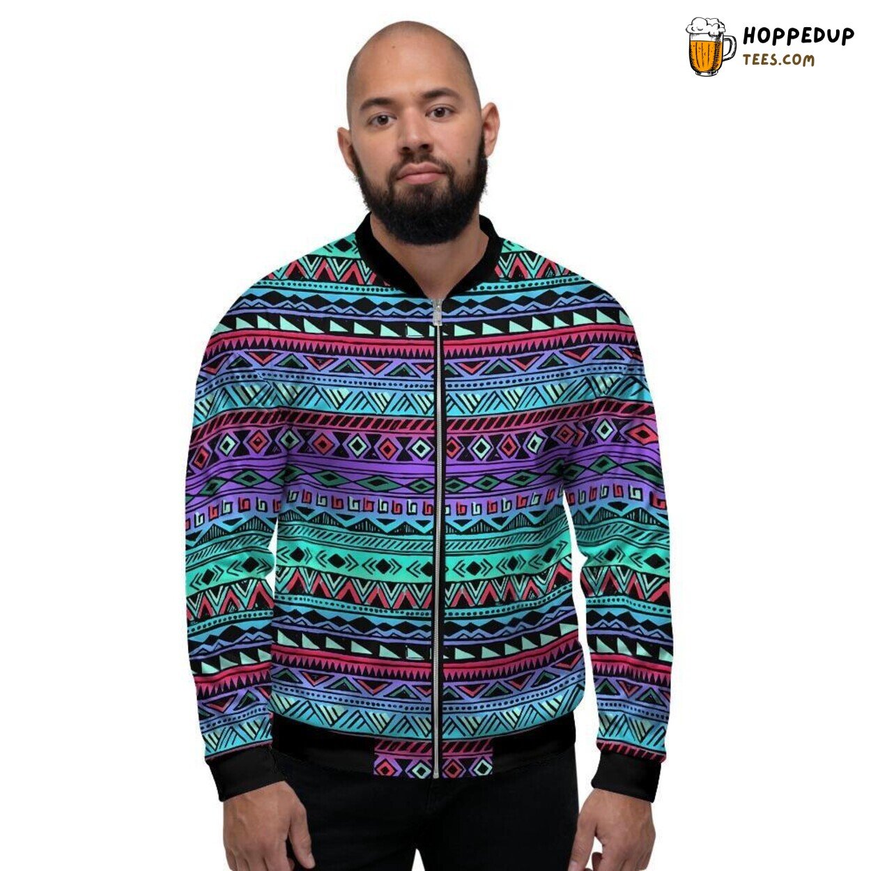 Hand Drawn Neon Tribal Aztec Patterns Men’s Bomber Jacket Artistic Elegance Display